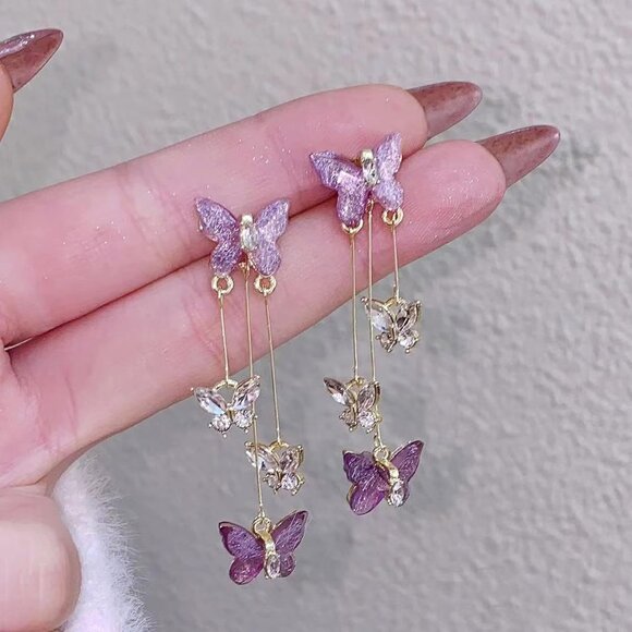 Women's Purple Tassel Style Zircon Lightweight Butterfly Crystal Dangle Earring - Picture 2 of 8